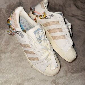 Adidas White and Tan Sneakers with Colorful Accents